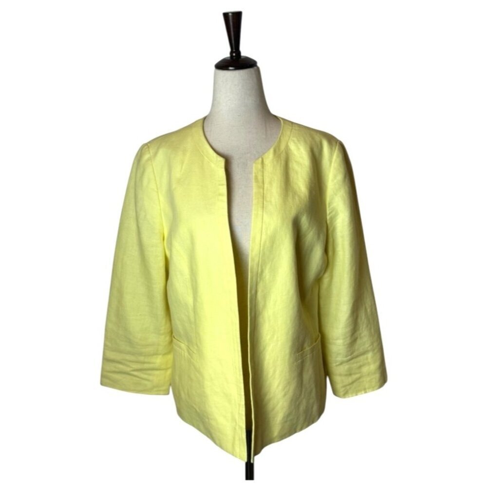 Talbots Blazer‎ Women 10 Yellow Linen Open Front Jacket Lagenlook Preppy Career